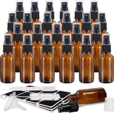 Produktbild von Gläserne Düsen Sprayflaschen (24 Stück) - 30 ml Leere Sprühschalen, Putzborsten, Trichter, Etiketten & Stifte - Nachfüllbare Flaschen für Essentielle Öle, Reinigung & Aromatherapie