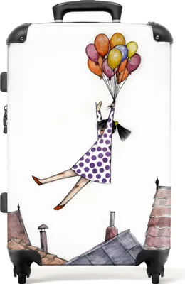 Produktbild von NoBoringSuitcases.com® Großer Koffer - Mädchen - Luftballon - Illustration - Häuser - Kinder - Kombinationsschloss TSA - Hartschalen Trolley 4 Rollen - 72 liter - Reisekoffer - 66 cmKoffer Mittelgroß 67x43x25 cm, 72L,