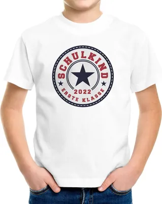 Produktbild von Kinder T-Shirt Jungen Schulkind 2022 erste Klasse Stern Geschenk zur Einschulung Schulanfang Moonworks® weiß 110-116 (5-6 Jahre)
