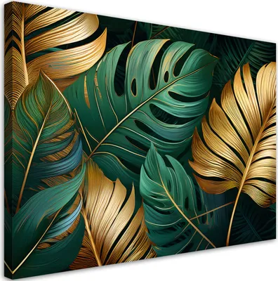 Produktbild von Feeby - Leinwand Bilder - Goldene Monstera-Blätter - 45x30 cm - Deko Wohnzimmer - Wandbilder Schlafzimmer - Deko Aesthetic - Wand Deko - Leinwand Groß - Deko Zimmer - Leinwandbilder XXL