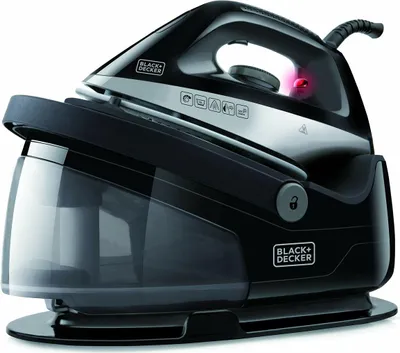 A black and silver steam iron station is shown on a white background.