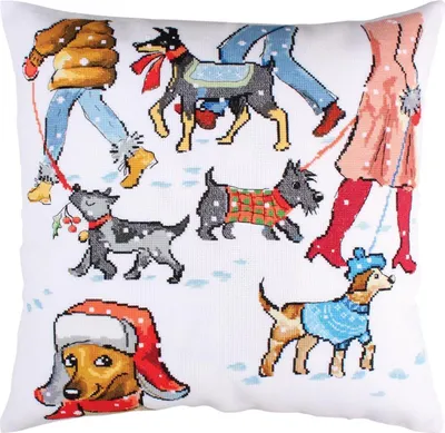 Image de Kit de broderie RTO, motif "Hiver à quatre pattes", technique point de croix, pour coussin, patron inclus, tissu Aida 14, dimensions 39x39 cm