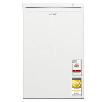 A white upright freezer with several award stickers on the front.
