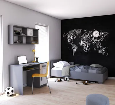 Produktbild von Kinderzimmer-Set Bett, Wandregal, Schreibtisch Grau/Weiß mit grauen Griffen ohne Matratze JONAS V3