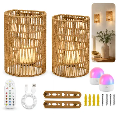 Productafbeelding van Rotan wandlampen set van 2, RGB-afstandsbediening, dimbaar