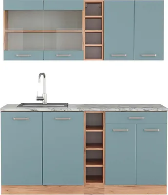 Produktbild von Singleküche Vicco R-Line Blau-Grau/Goldkraft Eiche 160 cm , AP Marmor, Model 43204