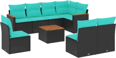 Produktbild von 9-teiliges Gartensofa-Set mit Kissen, schwarzes Polyrattan