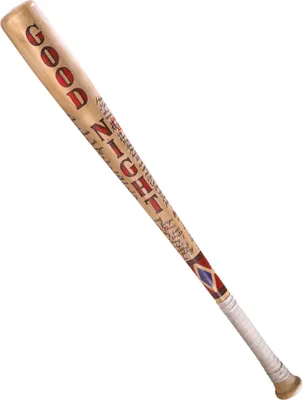 A baseball bat with text and designs on it, isolated on a white background.