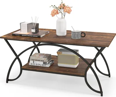 A coffee table with decorative items on it, set against a white background.