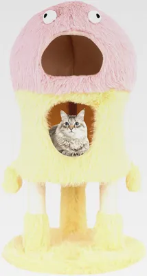 Produktbild von Kratzbaum Klein, 93cm hoch, Monster-Thema, Katzenbaum mit 2 Katzenhöhlen & Sisal-Kratzsäulen & Ball, Katzenkratzbaum Holz, Katzen Katzenmöbel, Aktivitätsbaum Spielbaum, Pink+Gelb