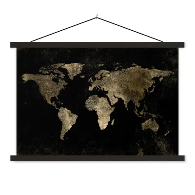 Produktbild von MuchoWow® Textilposter Weltkarte - Schwarz - Gold 90x60 cm mit schwarzem Rahmen - Aufhängungssatz