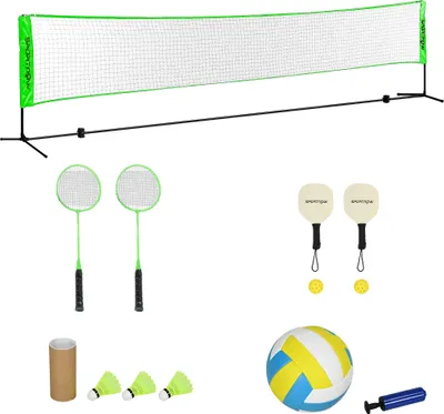 Zdjęcie produktu dla Zestaw do badmintona SPORTNOW, siatka do badmintona ze stojakiem, lotki, 4 rakietki, regulowana siatka do siatkówki, z torbą do przenoszenia, do użytku wewnątrz i na zewnątrz