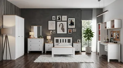 Image de Chambre de jeunes blanche : lit, armoire, commode, tables de chevet, bureau