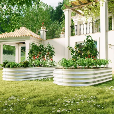 Image de Lot de 2 jardinières surélevées en acier galvanisé, rectangulaires, résistantes aux intempéries et au gel, pour légumes et herbes aromatiques, couleur argent, 183 x 92 x 31 cm