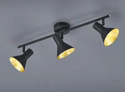 Produktbild von LED Deckenstrahler aus Metall in Schwarz Gold 3 Spots dreh+schwenkbar Wandlampe