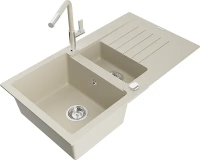 Produktbild von Mexen Matias 1,5-Becken-Granitspüle mit Abtropffläche und Mischbatterie Flora, Beige - 6502-69-670401-09