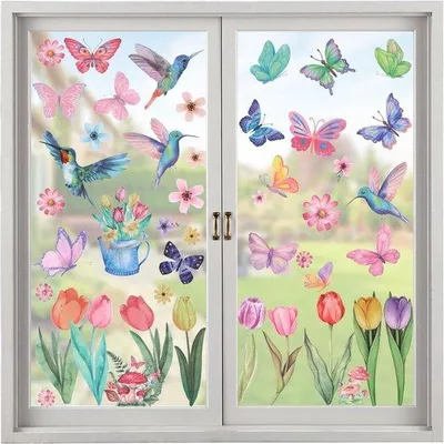 Image de Autocollants pour fenêtres « Fleurs, oiseaux et papillons » - Lot de 8 - Décoration printanière