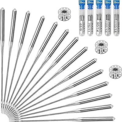 A collage of sewing machine needles and bobbins, with some needles in plastic tubes labeled with sizes.