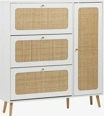 Immagine prodotto di Scarpiera con decoro in legno e canna, 3 ante, Bianco sporco