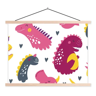 Produktbild von MuchoWow® Textilposter Dino - Muster - Kind - Rosa - Mädchen 60x45 cm mit holzfarbenen Rahmen - Bild