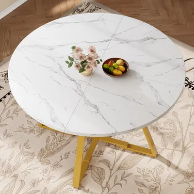 Image de MODFU Table à Manger - Ronde avec Plateau Effet Marbre et Pieds Ajustables, Espace de Rangement Central 120x120x75 cm, Blanc