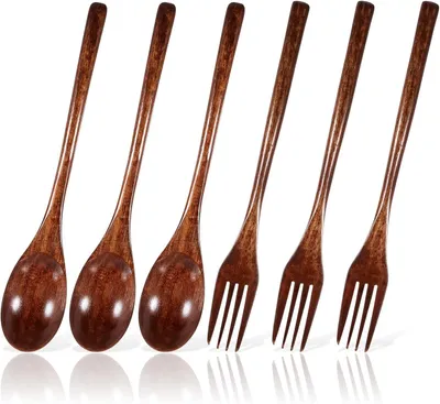 Image de Ensemble de couverts en bois, 6 pièces, comprenant des cuillères et des fourchettes à manches longs, de couleur bois naturelle, idéal pour le camping