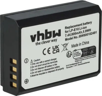 Produktbild von vhbw Akku kompatibel mit Canon EOS 1100D, 2000D, 1200D, 4000D, 1300D, Kiss X70, Kiss X50, Kiss X80, Kiss X90 Kamera (800 mAh, 7,2 V, Li-Ion)
