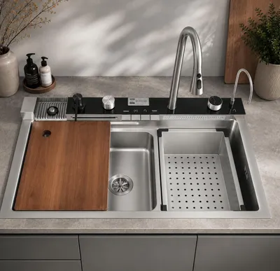 Produktbild von Faizee Home Edelstahlspüle Silber 75x46 cm Wasserfall Küchenspüle mit Multifunktionsarmatur Siphon Set
