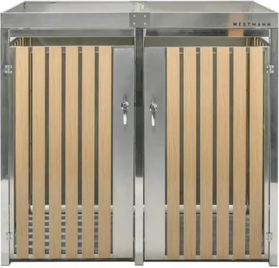A front view of a double-door trash can enclosure with wooden slats and metal accents.