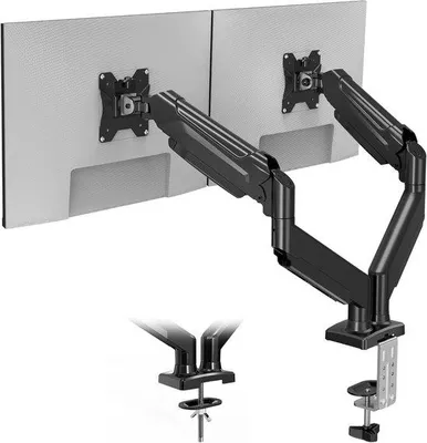 Productafbeelding van Monitorarm voor 2 schermen - Dubbele monitorstandaard - Ergonomisch werken - Gasveer verstelbaar - Tot 32 inch - Zwart