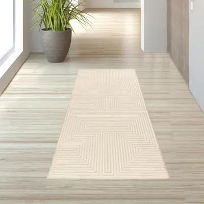Image de Tapis à poils courts Crème motif géométrique aspect brillant doux facile d'entretien pour salon chambre taille - 80 x 150 cm