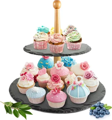 Produktbild von Etagere 2 Stöckig Ø30cm aus Schiefer Kuchenplatte Kuchenständer Servierständer