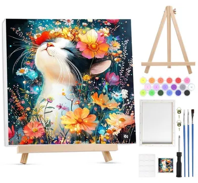 Image de Kit de peinture par numéros pour adultes, avec cadre et chevalet, motif : fleur et chat, dimensions : 20x30 cm