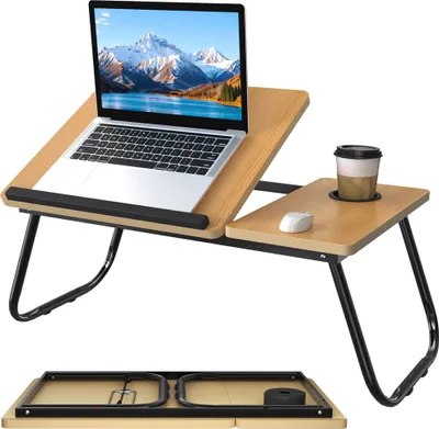 Obrázek produktu pro XMTECH Skládací stolek na notebook s 5krokovým naklápěním a držákem na kelímek - skládací stolek na notebook k posteli a na pohovku, přenosný stolek na čtení, práci a snídani, ořechové dřevo