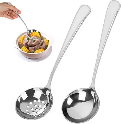 Produktbild von Unyqoos® 2‑teiliges Edelstahl-Küchenset – Suppenkelle & Schaumlöffel (304 Edelstahl), lebensmittelecht, Länge ca. 20 cm, spülmaschinenfest
