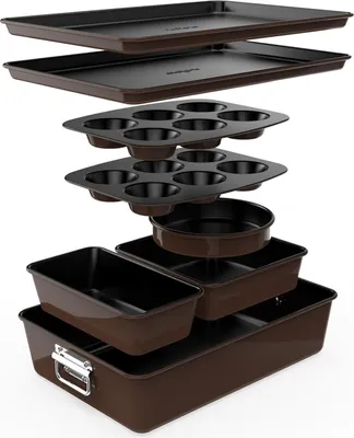 Produktbild von NutriChef Backform Set - 8-teiliges Stapelbares Antihaft Backformen Set - Rund Kuchenform, Kastenform, Muffin- und Blechbackform, Spülmaschinenfest