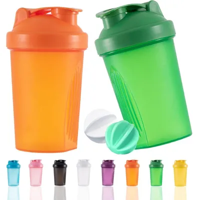 Immagine prodotto di Bottiglia per proteine da 400 ml, a prova di perdite, senza BPA, con filtro e misurino, colore arancione e verde, set da 2