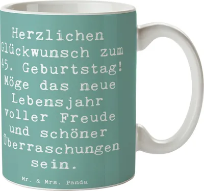 Produktbild von Mr. & Mrs. Panda Tasse Spruch 45. Geburtstag Freude - Meeresbrise - Geschenk, Teetasse, Happy Birthday, Glückwunsch, Geburtstagswünsche, Pott, Gratulation, Becher, Alter