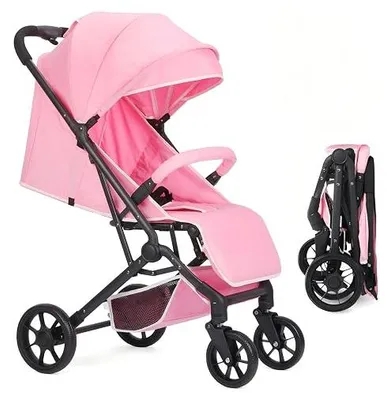 Imagen del producto de Cochecito plegable para niños, con arnés de seguridad de 5 puntos ajustable, se pliega con una mano, toldo grande, ruedas robustas con amortiguación en las cuatro ruedas, asiento espacioso y cesta de compra (rosa)