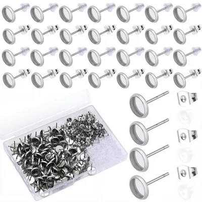 Image de Pendentifs pour boucles d'oreilles - 300 pièces, cabochons de 8 mm en acier inoxydable avec fixations pour boucles d'oreilles - Fabrication de bijoux - Couleur argent