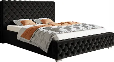 Obrázek produktu pro Ložnicová postel 200x200 cm Adora – výrobce, čalouněná postel s kovovým roštem, úložný prostor – sametová látka černá