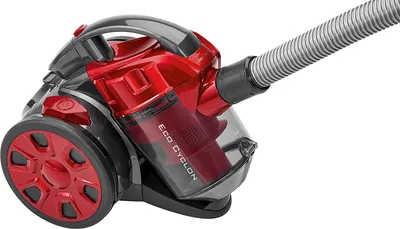 A red and black bagless cylinder vacuum cleaner shown from a diagonal angle against a white background.