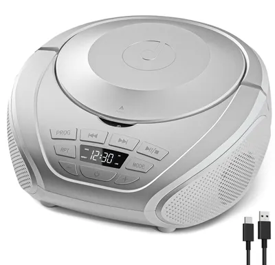 Obrázek produktu pro Přenosný CD přehrávač, boombox s FM rádiem, reproduktorem a funkcí paměti, stříbrné barvy