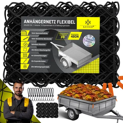 Produktbild von KESSER® Anhängernetz Dehnbar feinmaschig mit Haken | Hängernetz mit Spannseil & Netzkordel für Ladungssicherung | elastisches Sicherungs-Netz Eckmarkierungen Expanderhaken & Befestigungsknöpfen