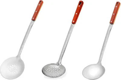 Produktbild von 3er SET für Kazan Kasan Schaumlöffel 44cm + Schöpflöffel 43 cm lang + Rührlöffel Plov 47cm Holz-Griff Schaumkelle Suppenkelle - verzierte Stiele - Ornamente - Usbekische Art