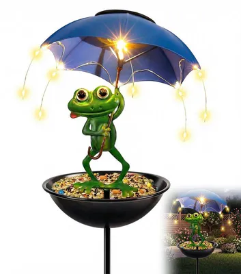 Produktbild von Solar Vogelfutterhaus Frosch 93cm – Mit Regenschirm warmweiße LEDs wetterfest | Gartenstecker Dekoleuchte für Terrasse Weg