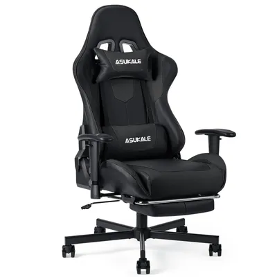 Produktbild von Ergonomischer Gamingstuhl mit Fußstütze, Kopf- und Lendenkissen, Armlehnen, höhenverstellbar, 360° drehbar, Schwarz