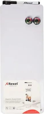 A white magnetic dry-erase board with a marker and two magnetic clips attached to the top. The board is shown vertically and has packaging at the bottom.