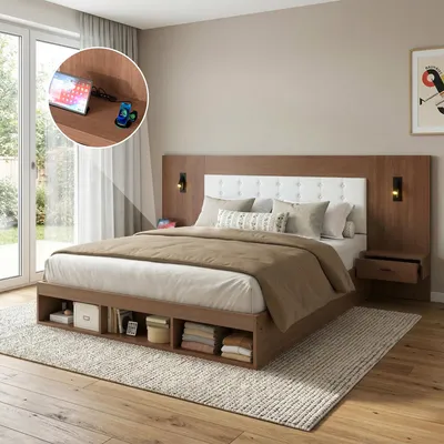 Produktbild von Hochwertiges Doppelbett 180*200cm Walnussholz, Jugendbett Stauraum-Holzbett, USB&Type-C, Leselampe und 2 Nachttischen