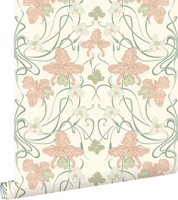 Zdjęcie produktu dla ESTAhome Tapeta vintage kwiaty w stylu secesyjnym kremowo-białym,delikatnego różuIszaro zielonym 53 cm x 10.05 m